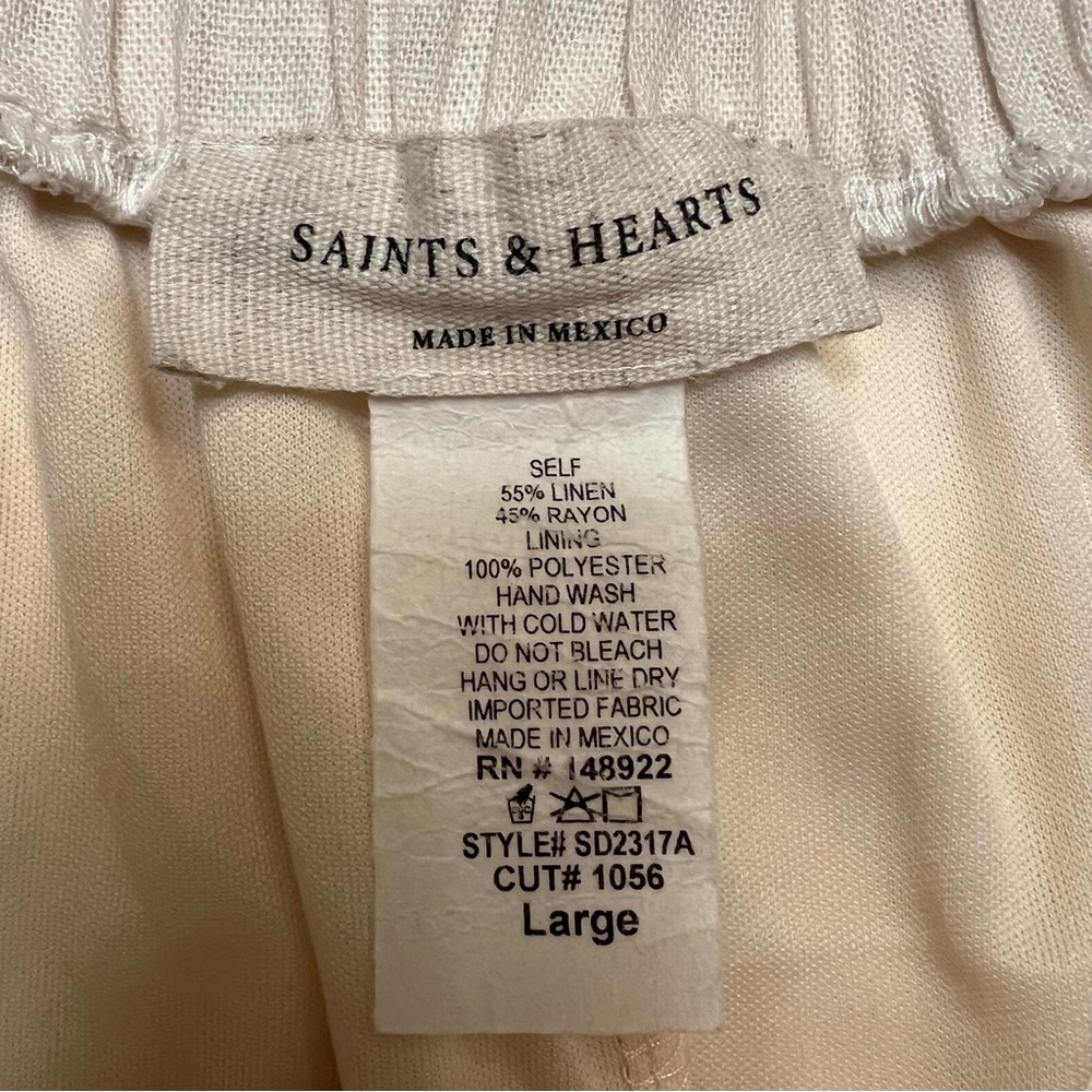 Saints & Hearts Cream Off-Shoulder Puff Sleeve Linen Blend Mini Dress Size L - Picture 4 of 11